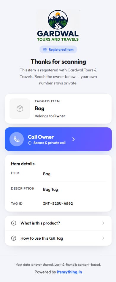 A business-branded scan page: the tour company's logo, a private Call Owner button and the tagged item's details