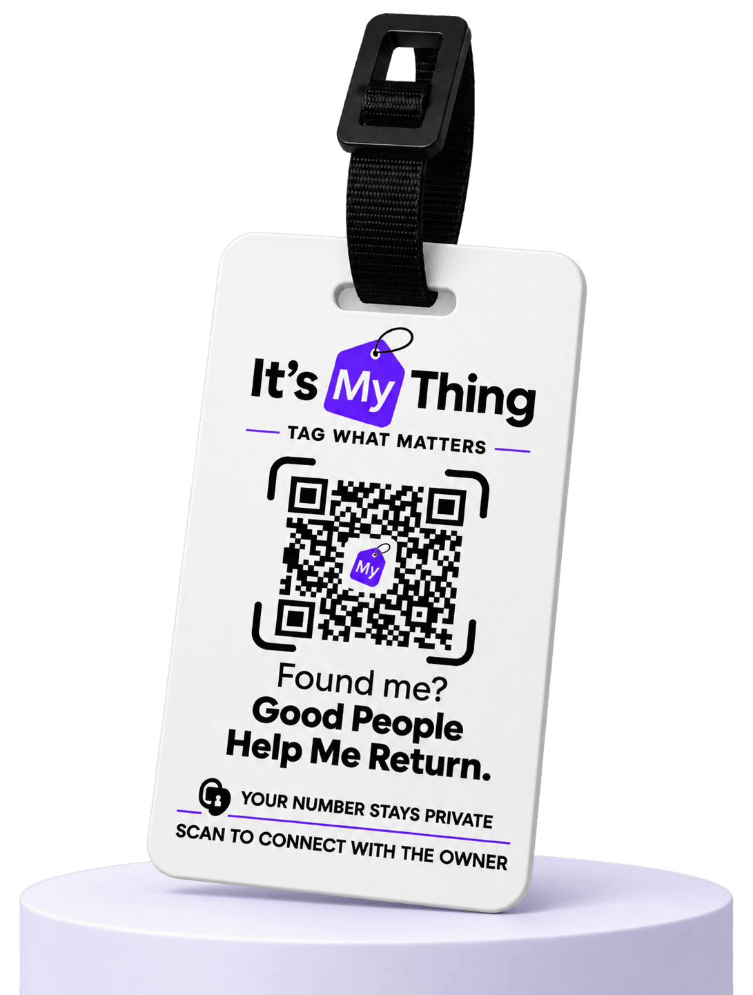 An It's My Thing QR luggage tag on a black strap: scan to reach the owner, whose number stays private