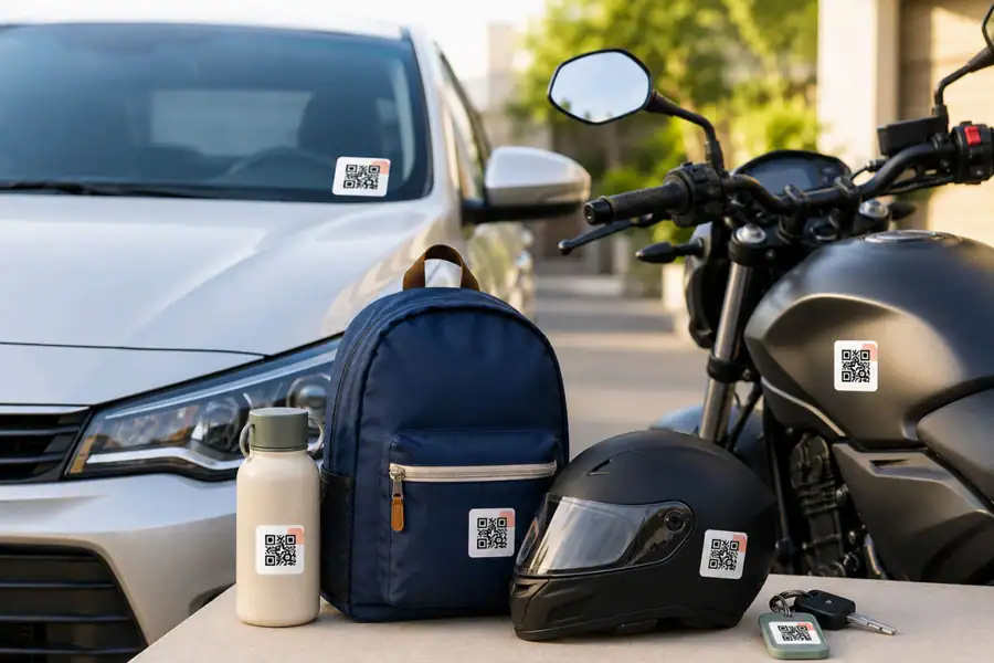 QR code tags on a car, motorcycle, backpack, water bottle, helmet, and keys