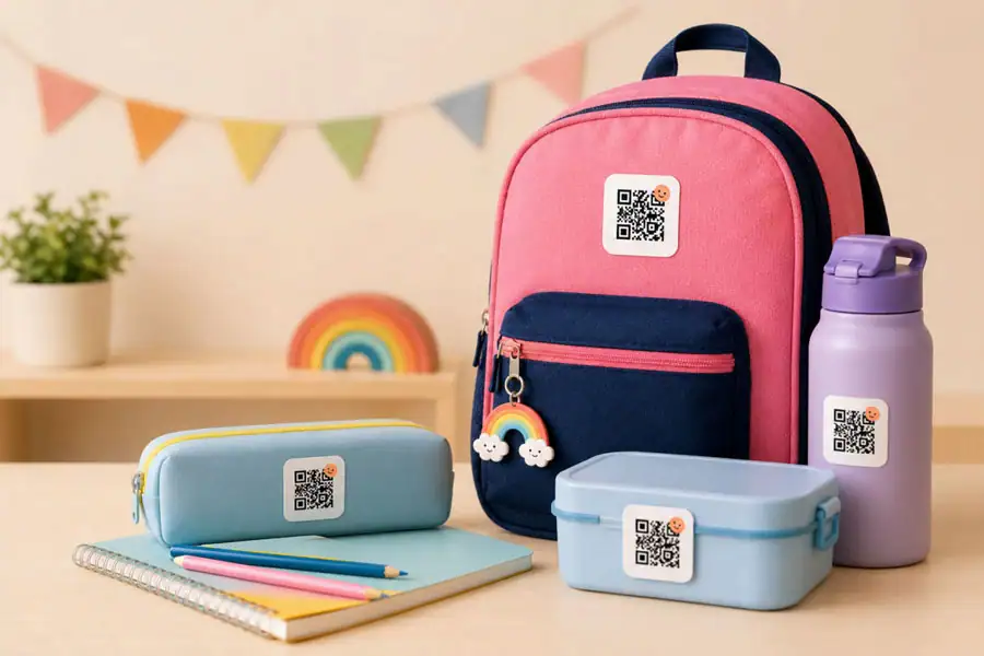 QR code tags on a school backpack, pencil case, water bottle, and lunch box